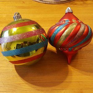 2 Large Festive Christmas Holiday Bulb Ornaments
